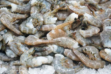 Fresh raw shrimp frozen on the ice