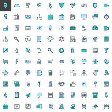 Universal business filled outline icons set, line vector symbol collection, linear colorful pictogram pack. Signs, logo illustration, Set includes icons as megaphone, wallet, money, chat, idea, email
