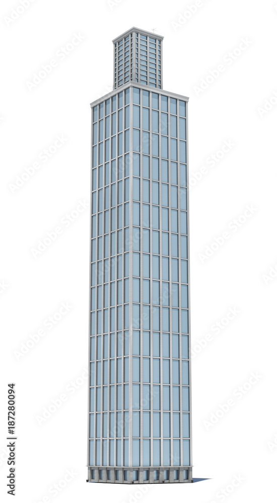 Poster 3d rendering of a white high office building with many large windows.