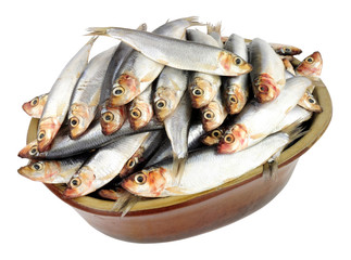 Rustic dish filled with fresh raw fish sprats isolated on a white background