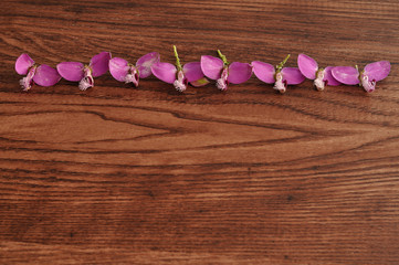Obraz na płótnie Canvas A border of small purple flowers on a wooden background