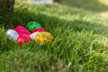 Colorful Easter eggs in grass against blurred green background. Spring holidays concept