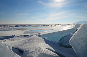 Ice floes against the sun light. Lake Baikal, Russia