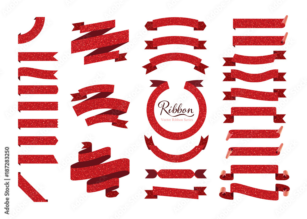 Wall mural set of red glitter ribbons, bows, banners, flags. vector ribbon series.