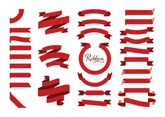 Set of red glitter ribbons, bows, banners, flags. Vector ribbon series.