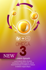 Fish oil ads template, omega-3 . oil drops 3D illustration. Realistic illustration vitamin natural, concept design.