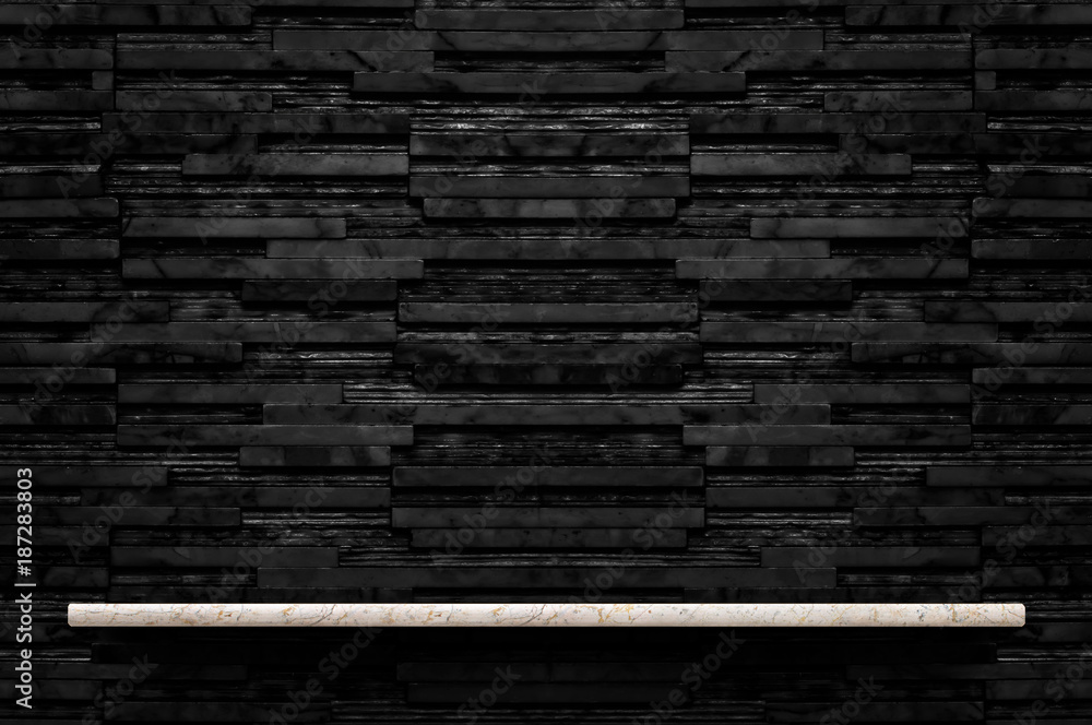 Aufkleber empty marble stone shelf at black layer marble tile wall background,mock up for display or montage o