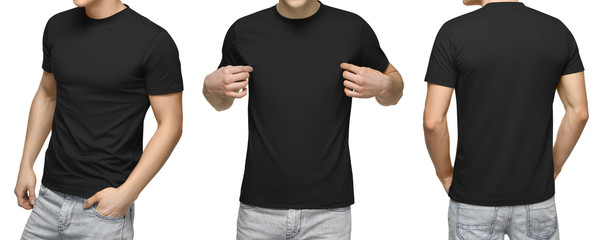 Young male in blank black T-shirt, front and back view, isolated white background. Design men...