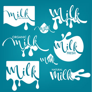vector collection of milk and dairy product logo, label, emblems with hand drawn lettering composition