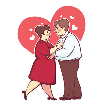 overweight romantic couple, happy cartoon vector man and woman dancing  on heart background