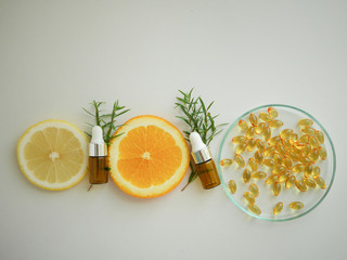 natural cosmetic skincare serum packaging with leaf, home made oil and beauty vitamin ingredient.organic product research the blank bottle container ,bio science . alternative medicine. spa.