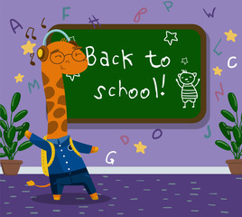 Cute funny little giraffe animal student in school uniform standing next to blackboard in the calssroom, back to school concept vector Illustration