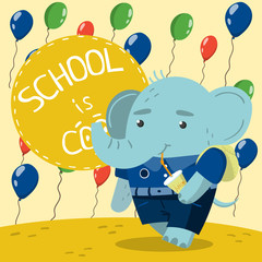 Cute little elephant in school uniform drinking soda on the background with colorful balloons. School is cool vector illustration, design element for poster or banner