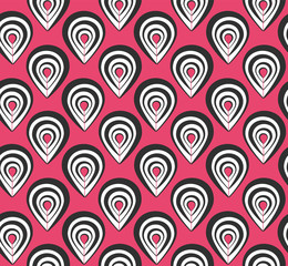 Seamless pattern with abstract black and white peacock feathers on pink background. Contrast fashion texture with psychedelic elements for textile, wrapping paper, package, surface, cover