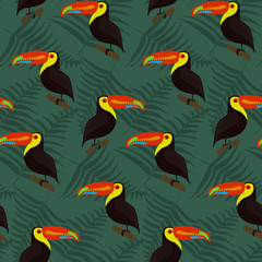 Fototapeta na wymiar Dark tropical forest pattern with bright cute toucans and leaves. Jungle texture with colorful exotic birds for textile, cloth design, wallpaper, cover, package, wrapping paper