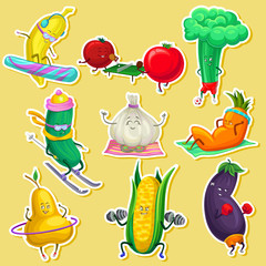 Funny vegetable and fruit characters doing sports set, stickers with vegetables cartoon vector Illustrations