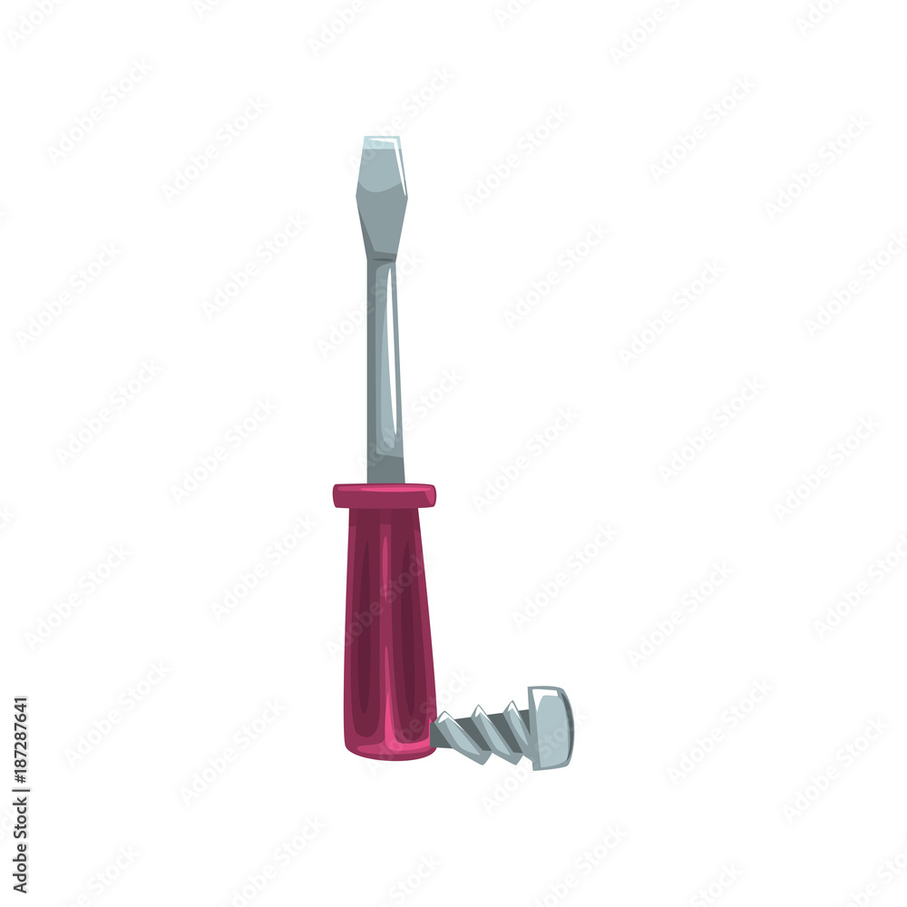 Poster Creative letter L in form of screwdriver with purple handle and screw with thread. Cartoon character in flat style. English alphabet concept. Flat vector design