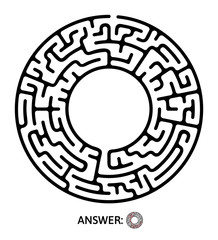 Black round maze. Puzzle game for kids, vector labyrinth illustration.