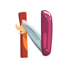 Alphabet letter N made of wooden stick and folding knife. Cartoon character in flat style. ABC concept. Isolated vector design element for poster, flyer or card