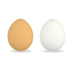 Set of white and brown vector realistic chicken eggs with shadow isolated on white background. Egg mockup for market or store design, easter advertisement
