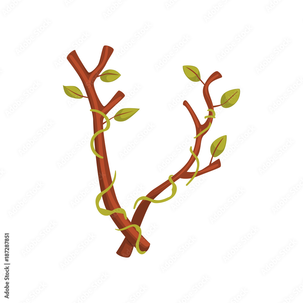 Poster cartoon letter v in form of tree branch with green leaves. english alphabet concept. creative font i