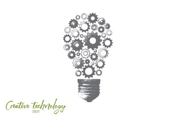 Creative technology concept. Hand drawn electric bulb with gear wheels as symbol of creative idea. Production of ideas isolated vector illustration.