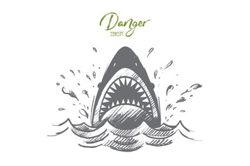 Danger concept. Hand drawn mouth of a shark like symbol of danger. Sea predator isolated vector illustration.