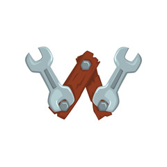Creative letter W made of two wooden boards fastened with screw-nuts and two wrench keys. Cartoon font in flat style. Vector design for web icon, placard or mobile game