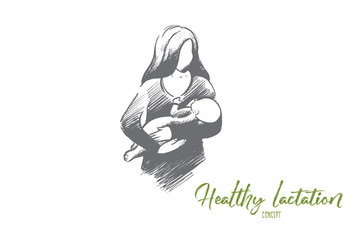 Healthy lactation concept. Hand drawn mother breastfeeding baby. Baby eating mother's milk isolated vector illustration. - obrazy, fototapety, plakaty