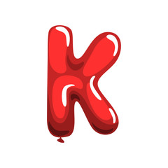 Cartoon capital letter K in form of bright red air balloon. Original English alphabet font. Isolated flat vector design for kids education card, flyer or poster