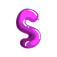 Bright violet letter S in shape of glossy balloon. Cartoon English alphabet font. ABC concept. Isolated flat vector design for promo banner, invitation card, poster