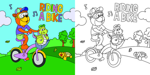 cute tiger riding bicycle with a snake on the park, coloring page for children