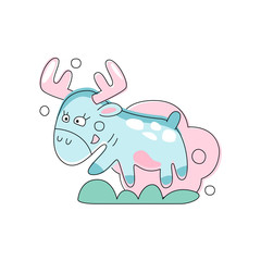 Hand drawn pink moose jumping on green grass. Forest animal in linear style. Concept for children book. Flat vector design for baby shower card, print or sticker