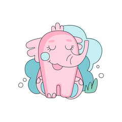 Cute hand drawn pink elephant sitting with closed eyes against blue fluffy cloud background. Linear design for fabric print, postcard or sticker. Flat vector illustration