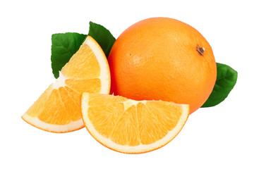 Orange with slice and leaf isolated on the white background