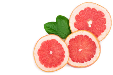 Grapefruit slices with leaves isolated on white background with copy space for your text. Top view. Flat lay pattern