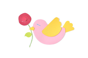 Bird with rose paper cut on white background - isolated