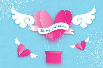 Happy Valentine day. Heart Pink hot air balloon flying. Love in paper cut style. Origami heart and angel wings. Winged heart. Ribbon tape for text. Romantic Holidays. 14 February.