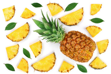 Sliced pineapple isolated on white background. Top view. Flat lay pattern