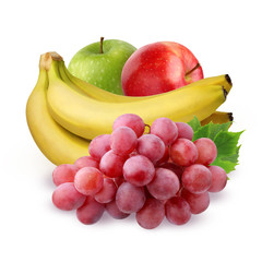 Bunch of fruit on a white background. Apple, grape and banana.