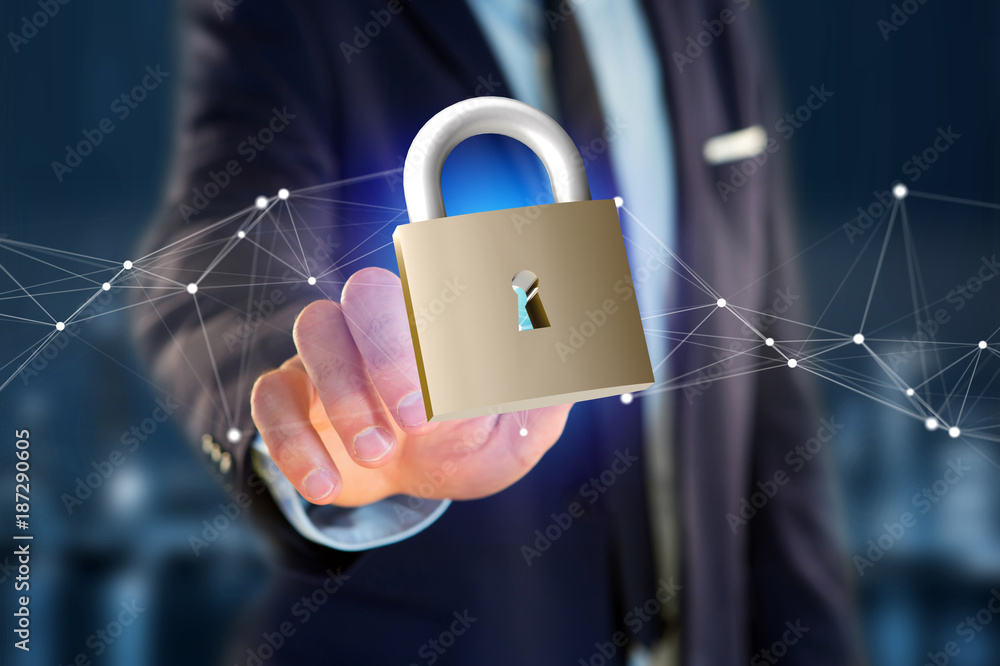 Poster padlock security connection isolated on a color background - 3d rendering