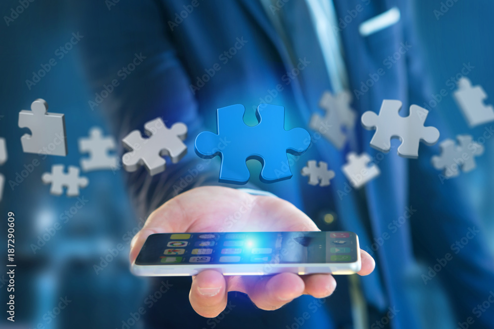 Poster puzzle pieces on a futuristic interface - 3d rendering