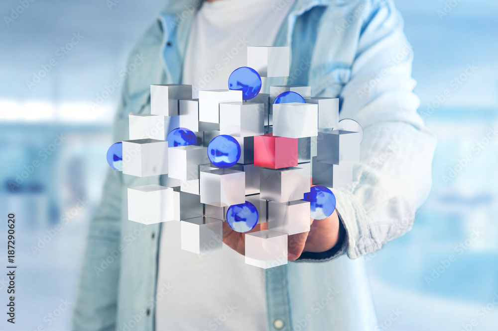 Poster 3d rendering blue and white cube on a futuristic interface