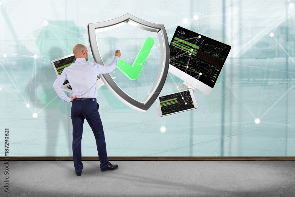 Poster shield symbol surrounded by devices and network displayed on a futuristic interface