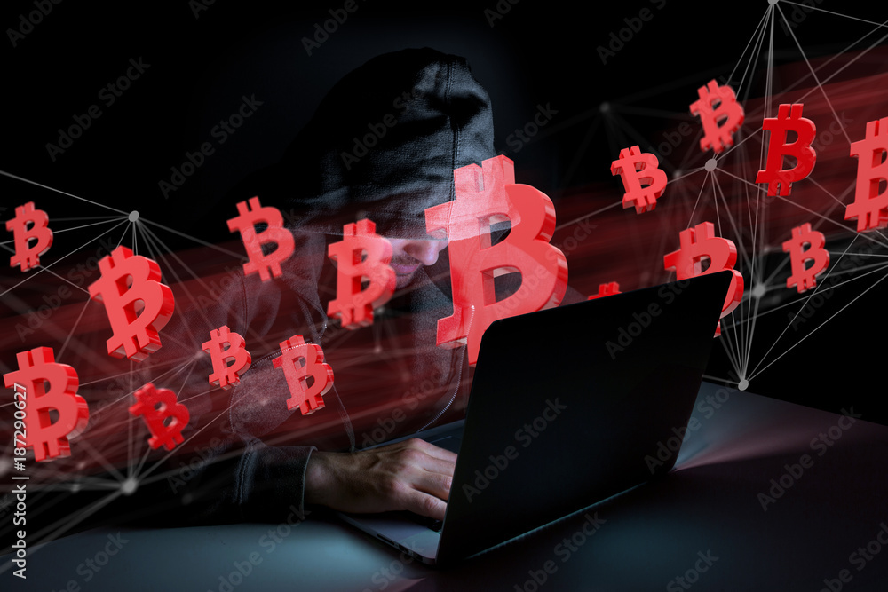 Poster hacker man in the dark using computer to hack data and information system