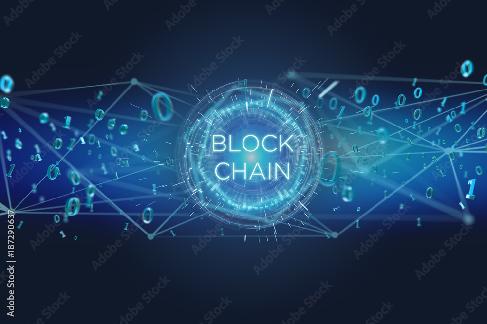 Poster blockchain title with 0 and 1 data flying over