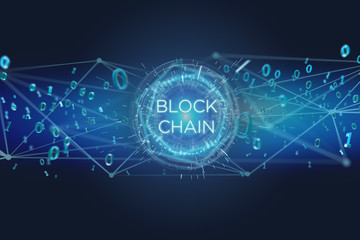 Blockchain title with 0 and 1 data flying over