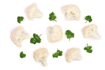 Piece of cauliflower with parsley isolated on white background. Top view. Flat lay