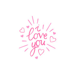 I love you. Hearts. Pink. Lettering. Isolated vector object on white background.