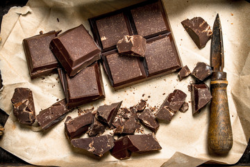 Dark chocolate on old paper.